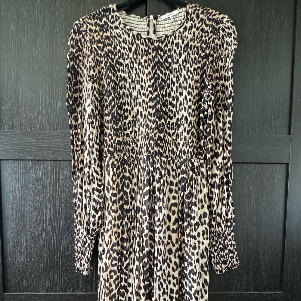 Ganni Smocked Leopard Dress, size 10US/40EU